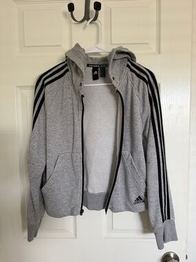 adidas Light Gray Hoodie with Black Stripes - XS